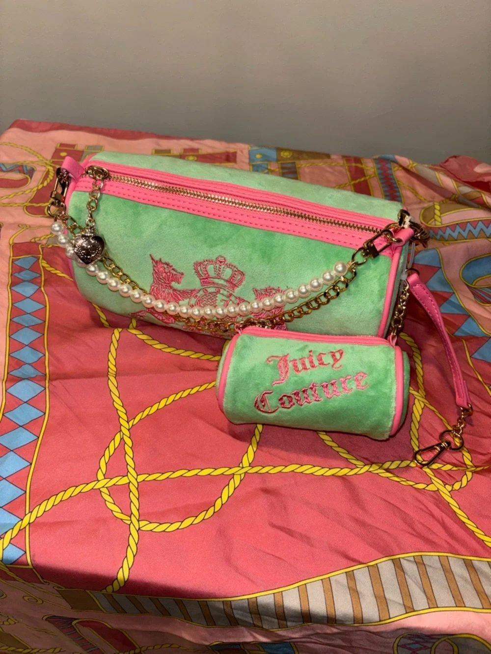 Juicy Couture Retro Green and Pink HandBag with Complimentary bag charms